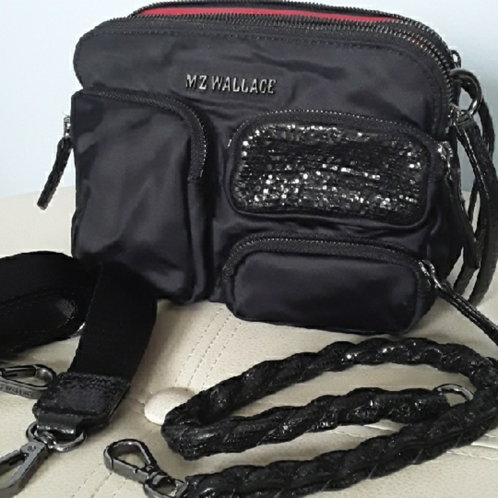 MZ Wallace Black Bowery Pocket Patent Sparkle Leather Trim 2-way